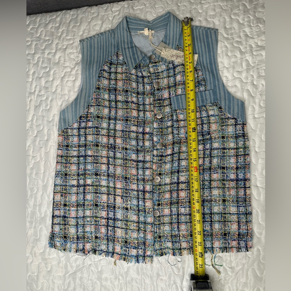 Mystree Tweed Sleeveless Vest NWT Boho Chic Cottagecore Raw Hem Button-Up Top S - Picture 10 of 14